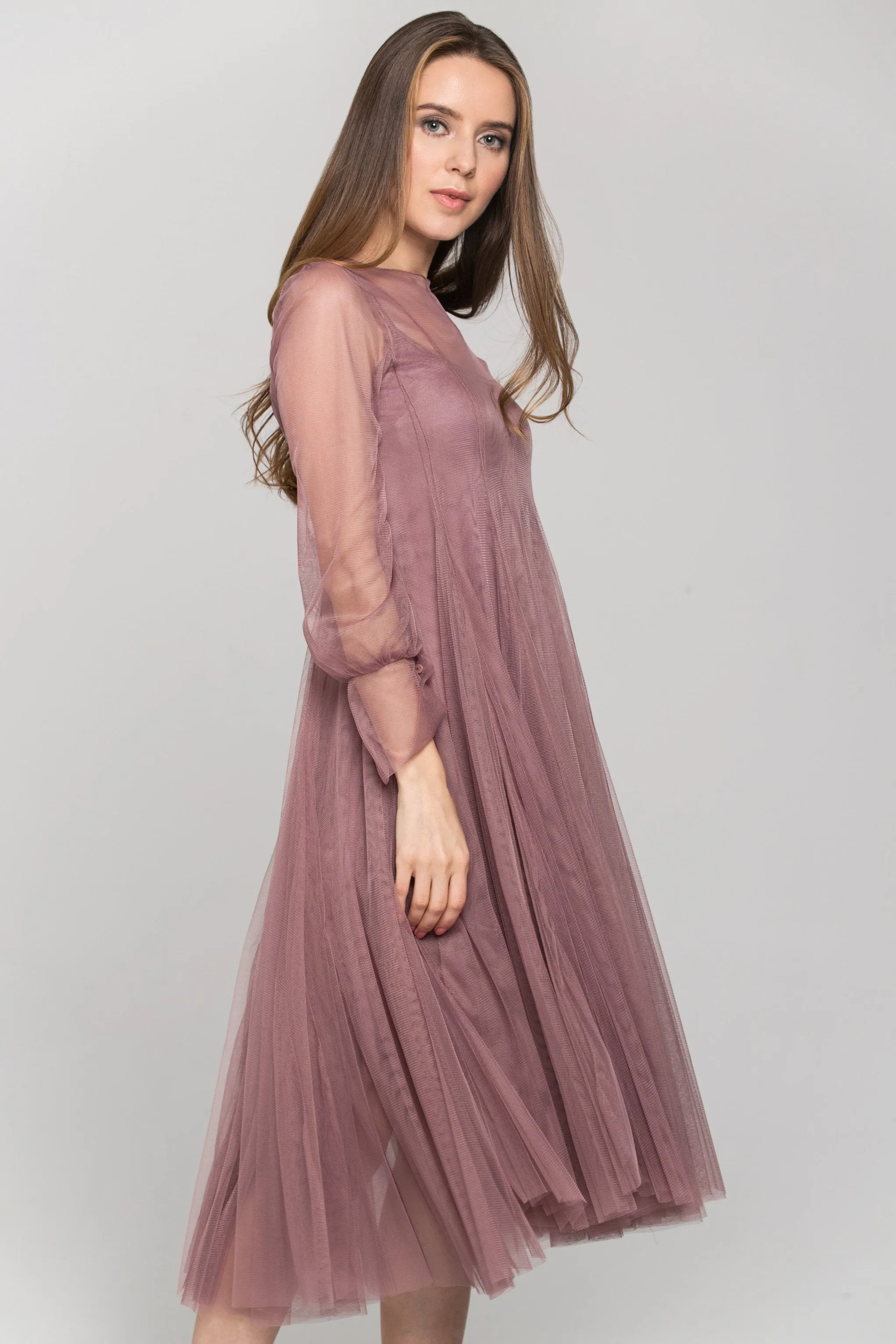 Nude Sheer Soft Tulle Layered Midi Dress