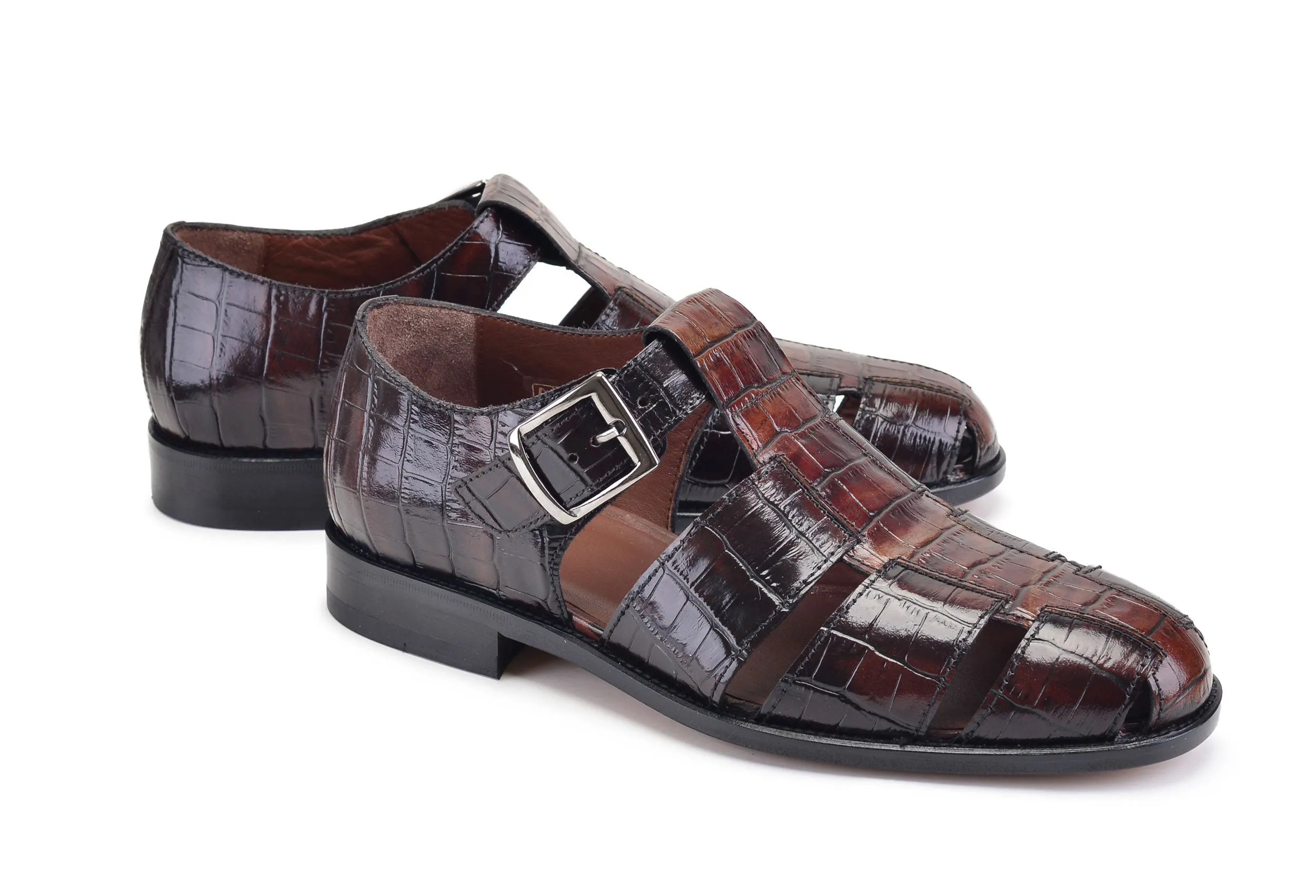 Pelle Crocodile Printed Calfskin Sandal Brown