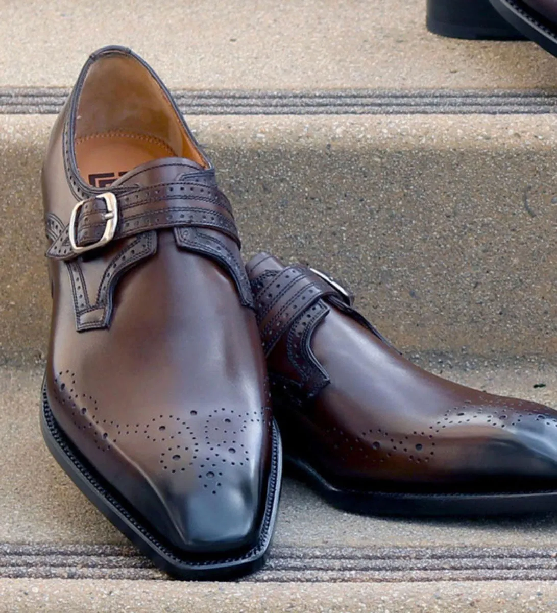 "Eric" Burnished Calfskin Monkstrap Shoe Brown