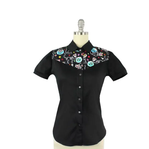 Rockabilly Kitty Kat Top With Snaps XS-4XL #KS-103