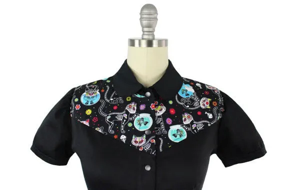 Rockabilly Kitty Kat Top With Snaps XS-4XL #KS-103