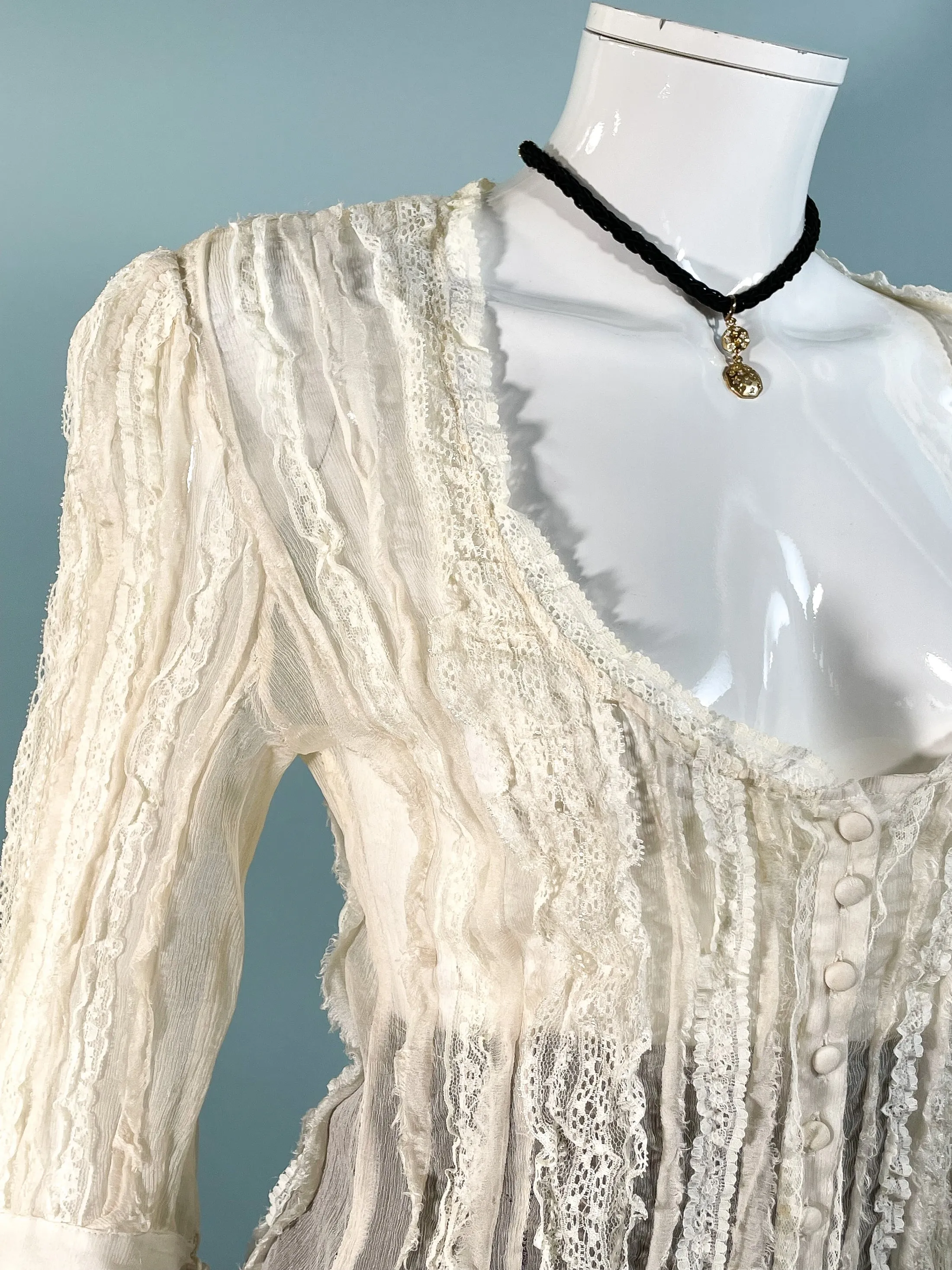 SOLD Vintage Silk Medieval Wench Style Semi Sheer Lace Blouse