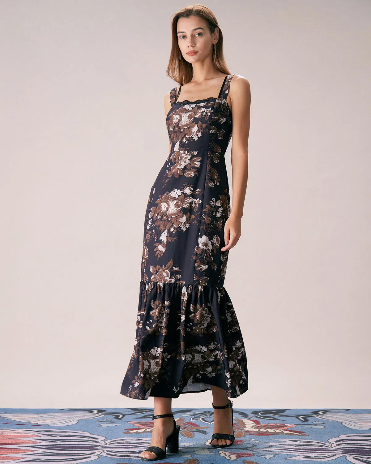 The Black Lace Trim Floral Mermaid Maxi Dress