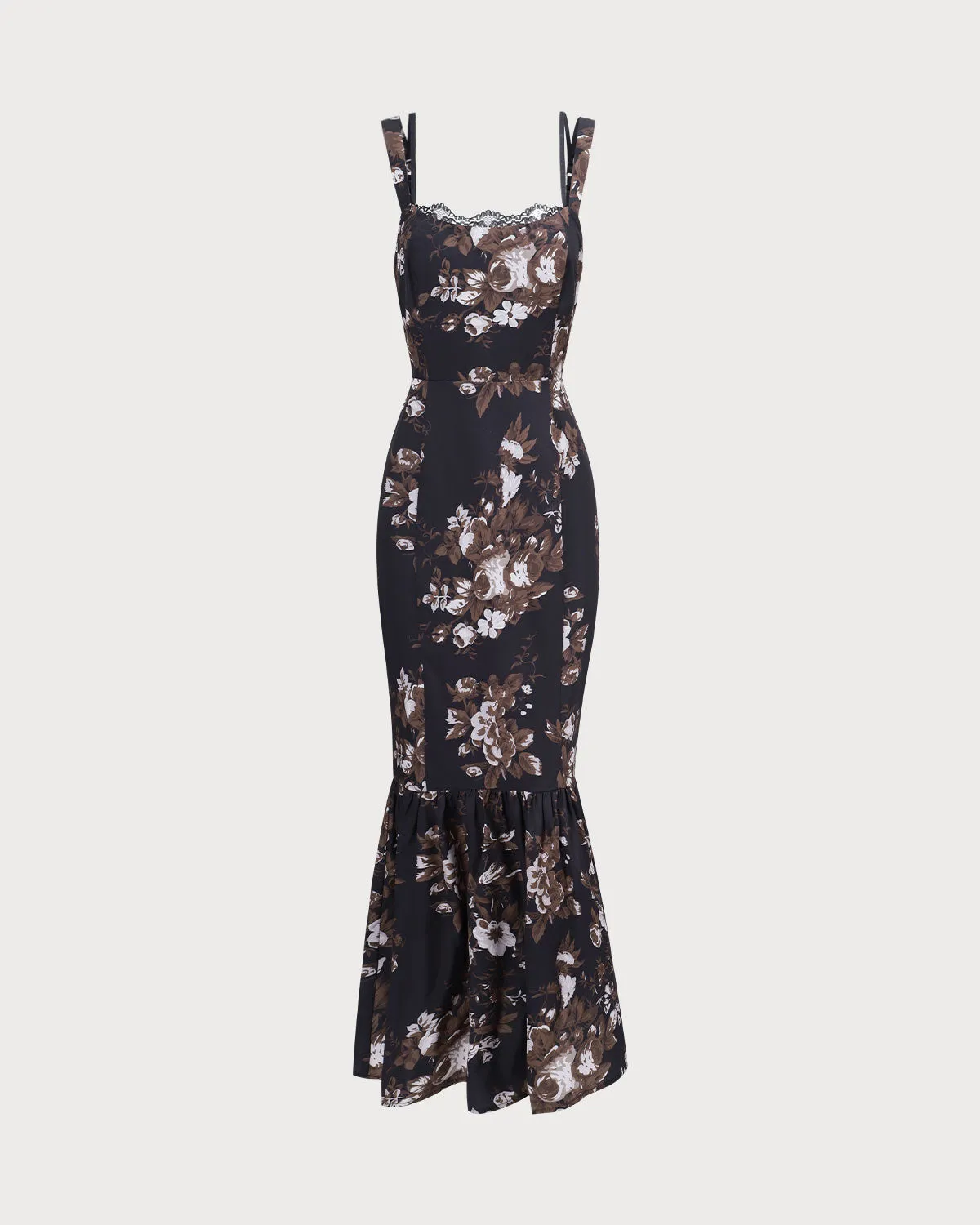 The Black Lace Trim Floral Mermaid Maxi Dress