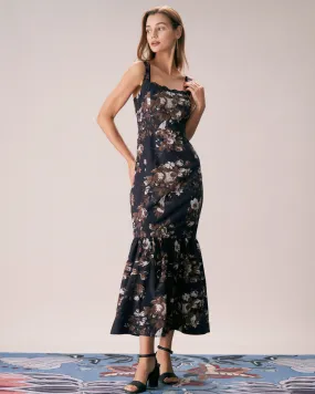 The Black Lace Trim Floral Mermaid Maxi Dress