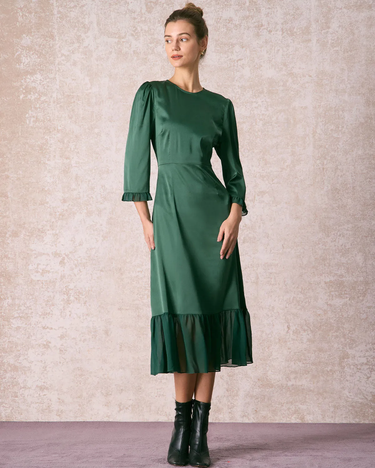 The Green Spliced Ruffle Poet Sleeve Midi Dress