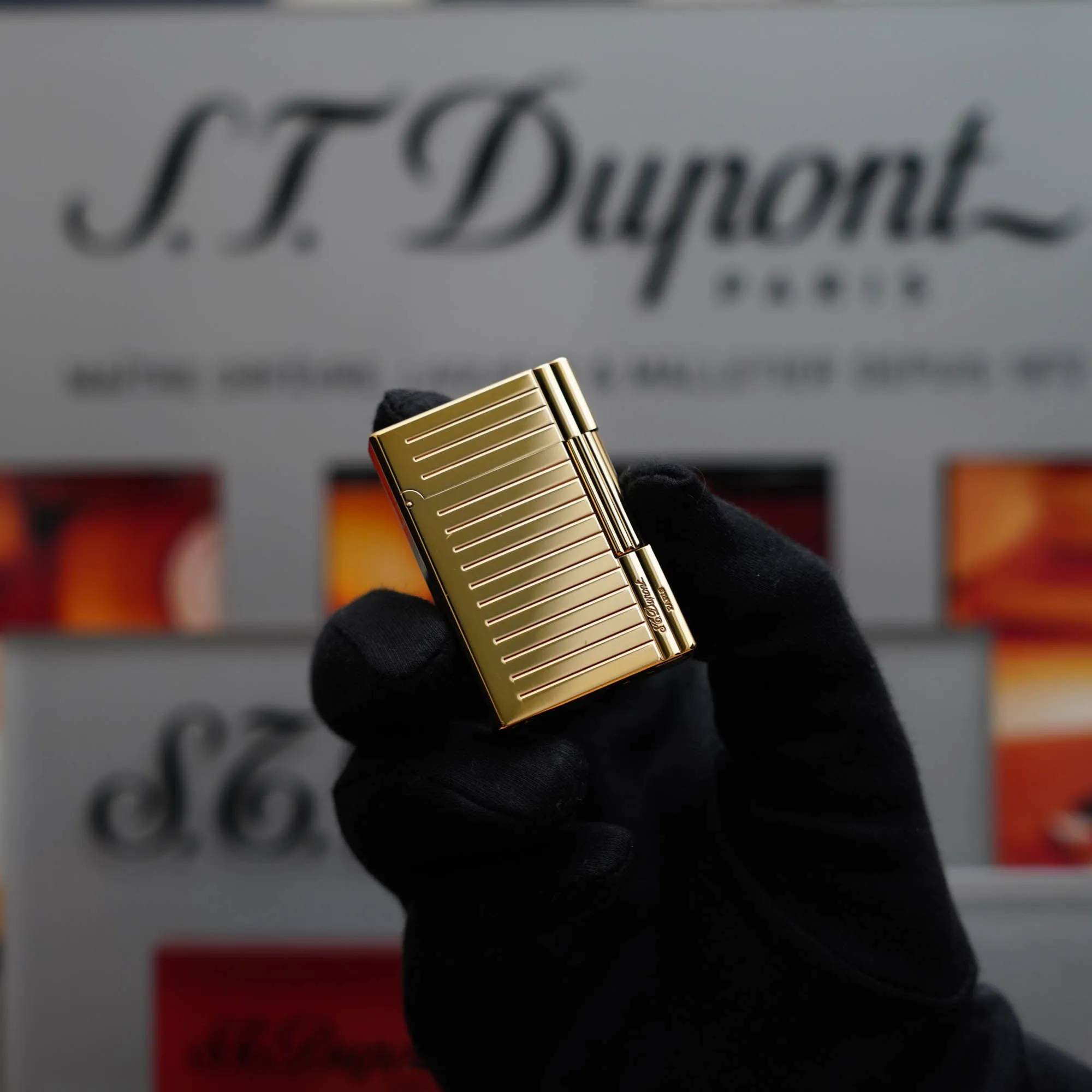 Vintage 1980 St Dupont rare Gatsby Heavy 24k Gold Finish lines pattern Ligne 2 Lighter